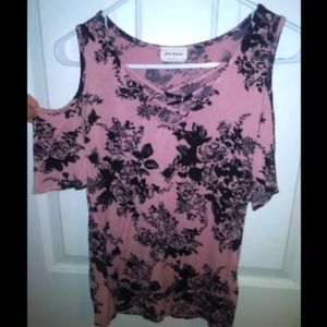 Pink/black floral top, size S, cross stitched